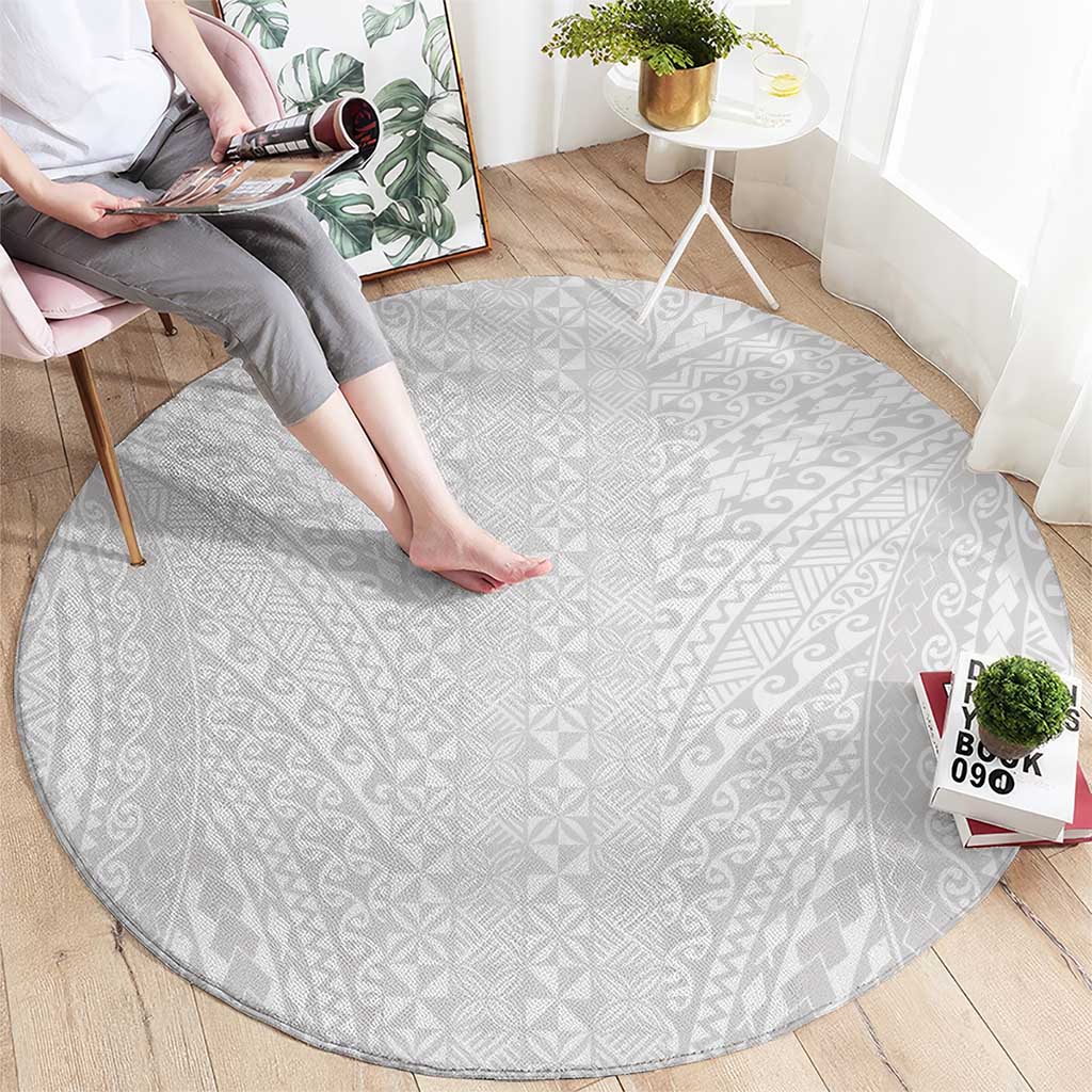 Lotu Tamaiti White Tongan Ngatu Round Carpet Polynesian Tribal Fonulei Pattern - Polynesian Pride