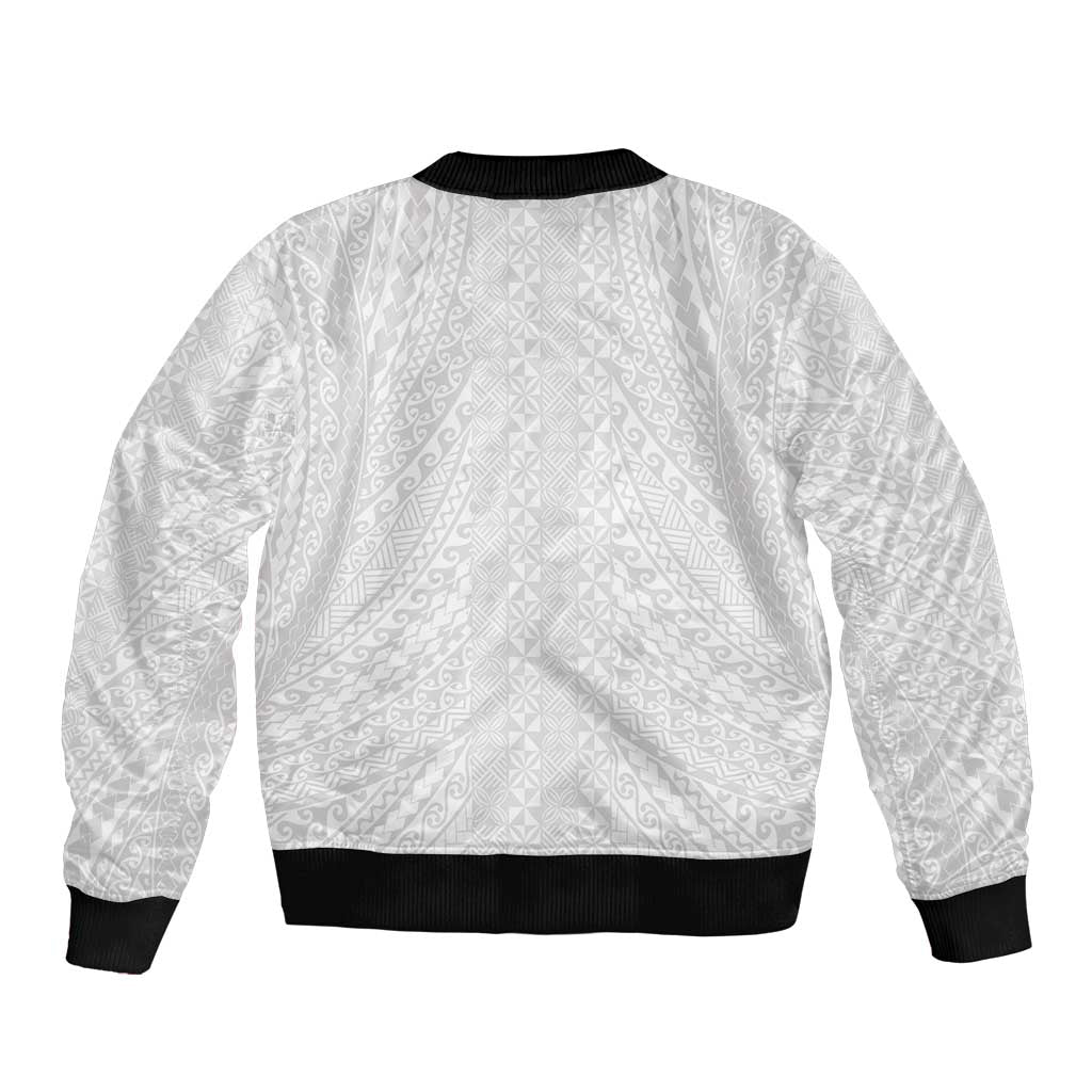 Lotu Tamaiti White Tongan Ngatu Sleeve Zip Bomber Jacket Polynesian Tribal Fonulei Pattern - Polynesian Pride