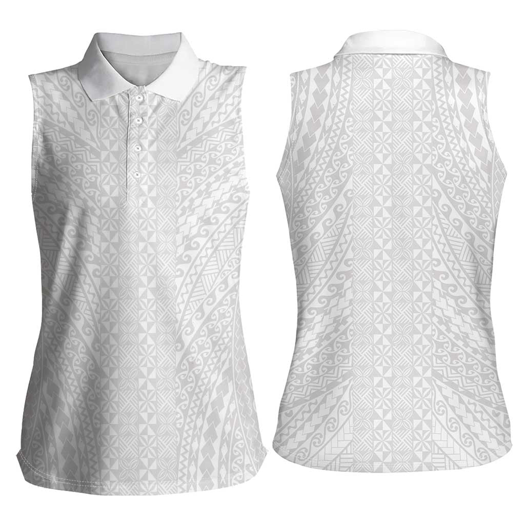 Lotu Tamaiti White Tongan Ngatu Women Sleeveless Polo Shirt Polynesian Tribal Fonulei Pattern - Polynesian Pride