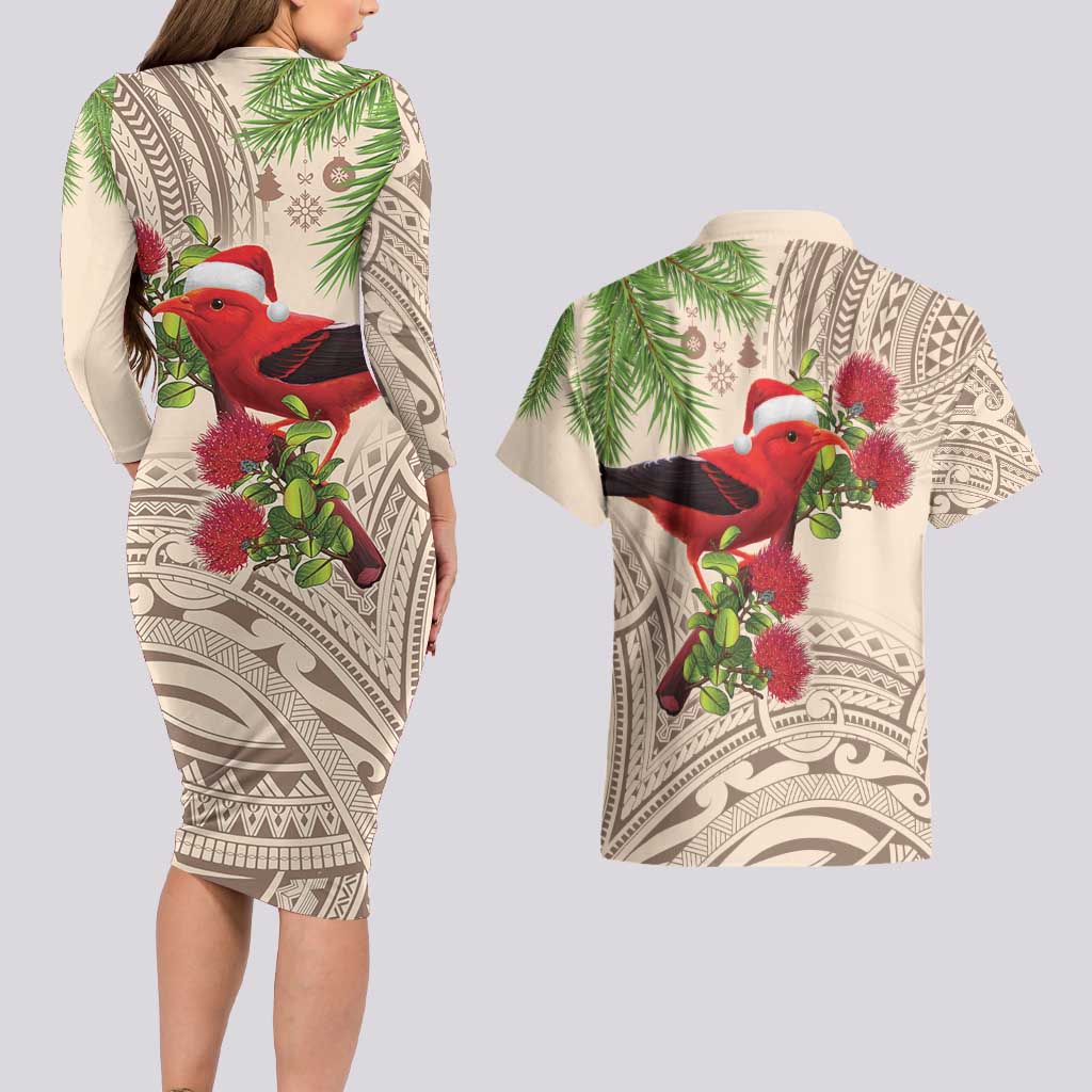 Christmas Hawaii with I'iwi Bird Couples Matching Long Sleeve Bodycon Dress and Hawaiian Shirt Aloha Mele Kalikimaka - Beige Art