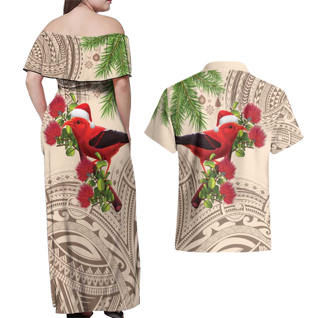Christmas Hawaii with I'iwi Bird Couples Matching Off Shoulder Maxi Dress and Hawaiian Shirt Aloha Mele Kalikimaka - Beige Art