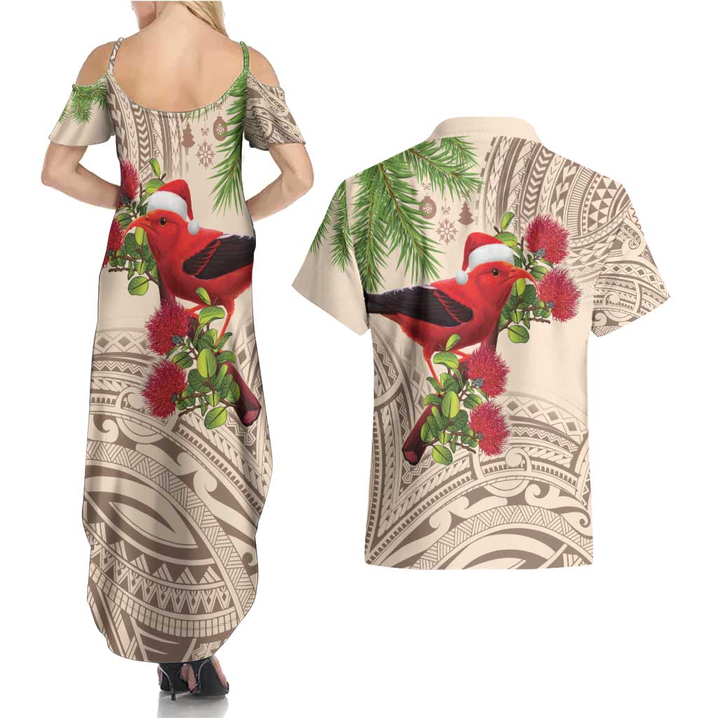 Christmas Hawaii with I'iwi Bird Couples Matching Summer Maxi Dress and Hawaiian Shirt Aloha Mele Kalikimaka - Beige Art