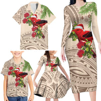 Christmas Hawaii with I'iwi Bird Family Matching Long Sleeve Bodycon Dress and Hawaiian Shirt Aloha Mele Kalikimaka - Beige Art