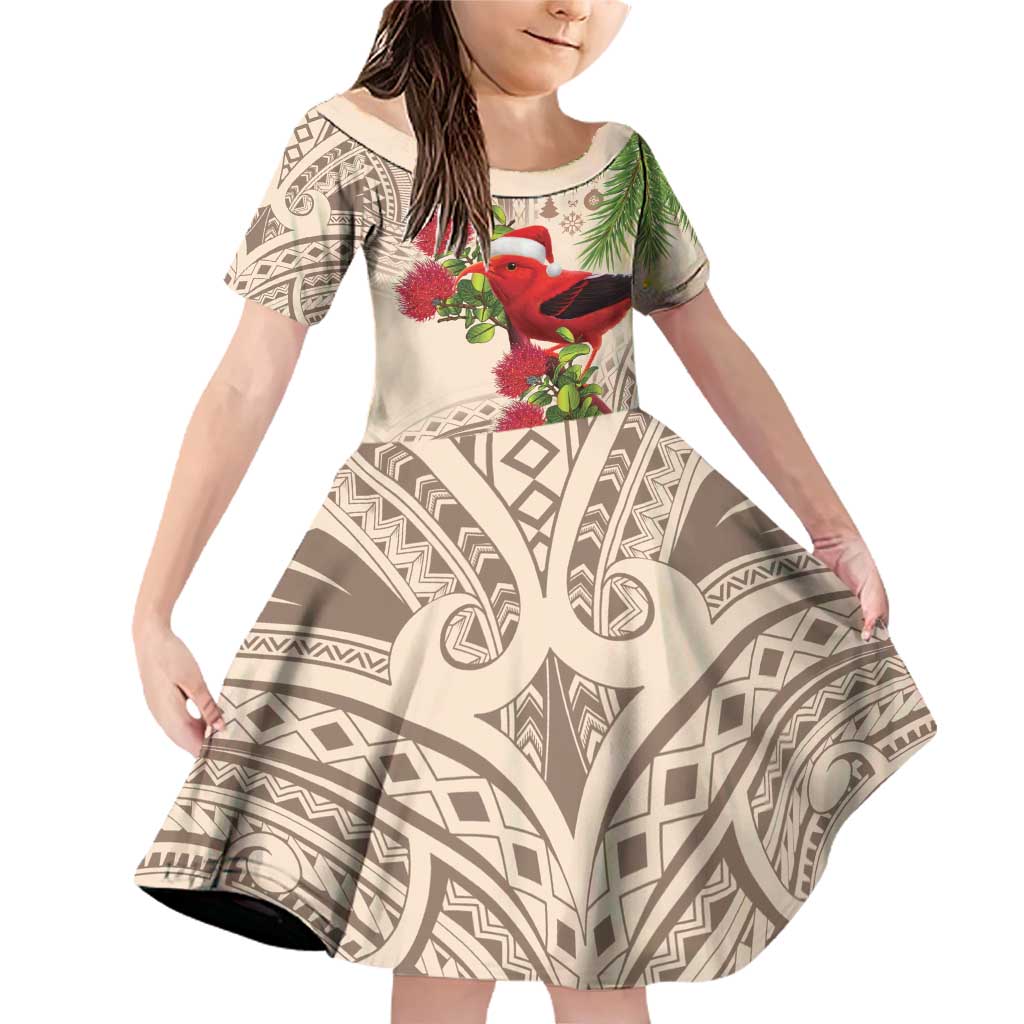 Christmas Hawaii with I'iwi Bird Family Matching Off Shoulder Short Dress and Hawaiian Shirt Aloha Mele Kalikimaka - Beige Art
