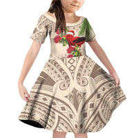 Christmas Hawaii with I'iwi Bird Family Matching Off Shoulder Short Dress and Hawaiian Shirt Aloha Mele Kalikimaka - Beige Art