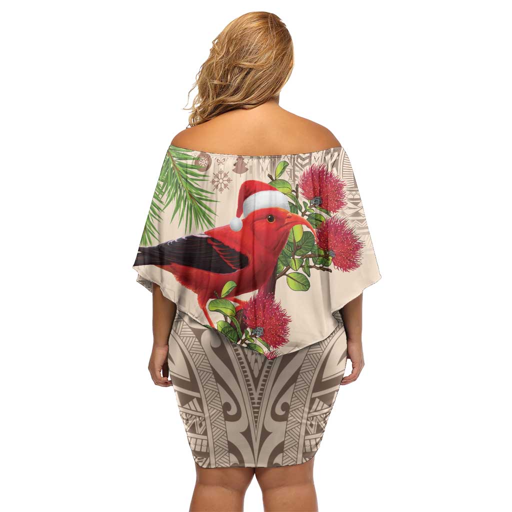 Christmas Hawaii with I'iwi Bird Family Matching Off Shoulder Short Dress and Hawaiian Shirt Aloha Mele Kalikimaka - Beige Art