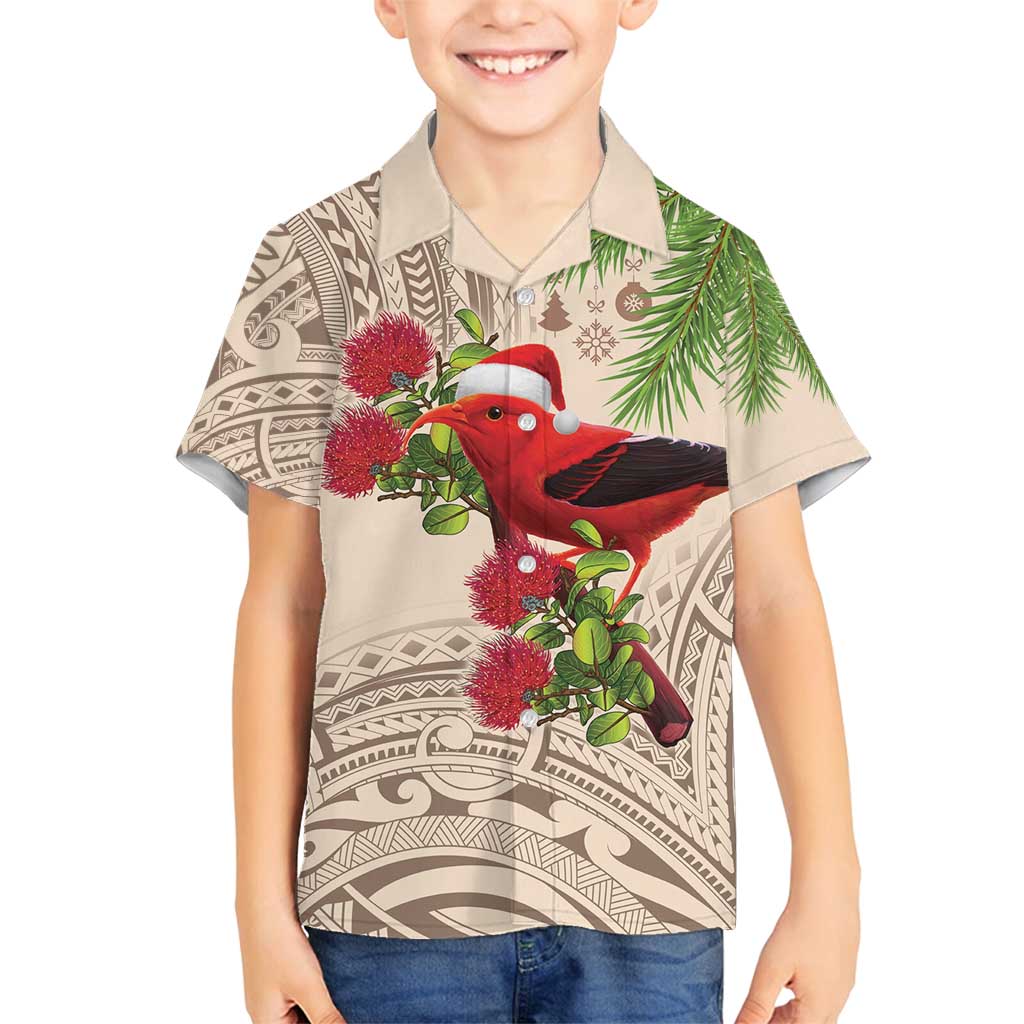 Christmas Hawaii with I'iwi Bird Family Matching Off Shoulder Short Dress and Hawaiian Shirt Aloha Mele Kalikimaka - Beige Art