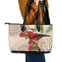Christmas Hawaii with I'iwi Bird Leather Tote Bag Aloha Mele Kalikimaka - Beige Art