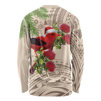 Christmas Hawaii with I'iwi Bird Long Sleeve Shirt Aloha Mele Kalikimaka - Beige Art