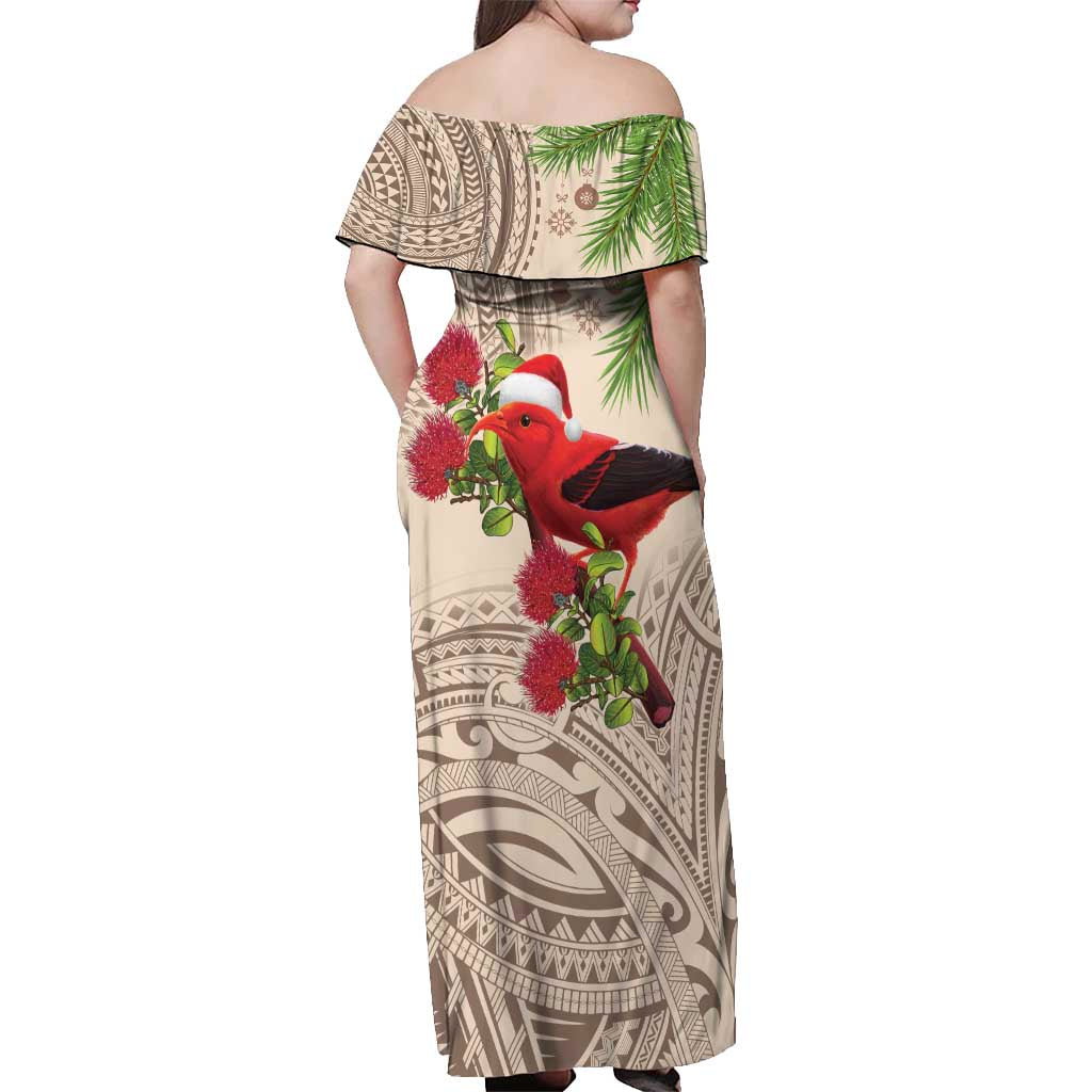 Christmas Hawaii with I'iwi Bird Off Shoulder Maxi Dress Aloha Mele Kalikimaka - Beige Art