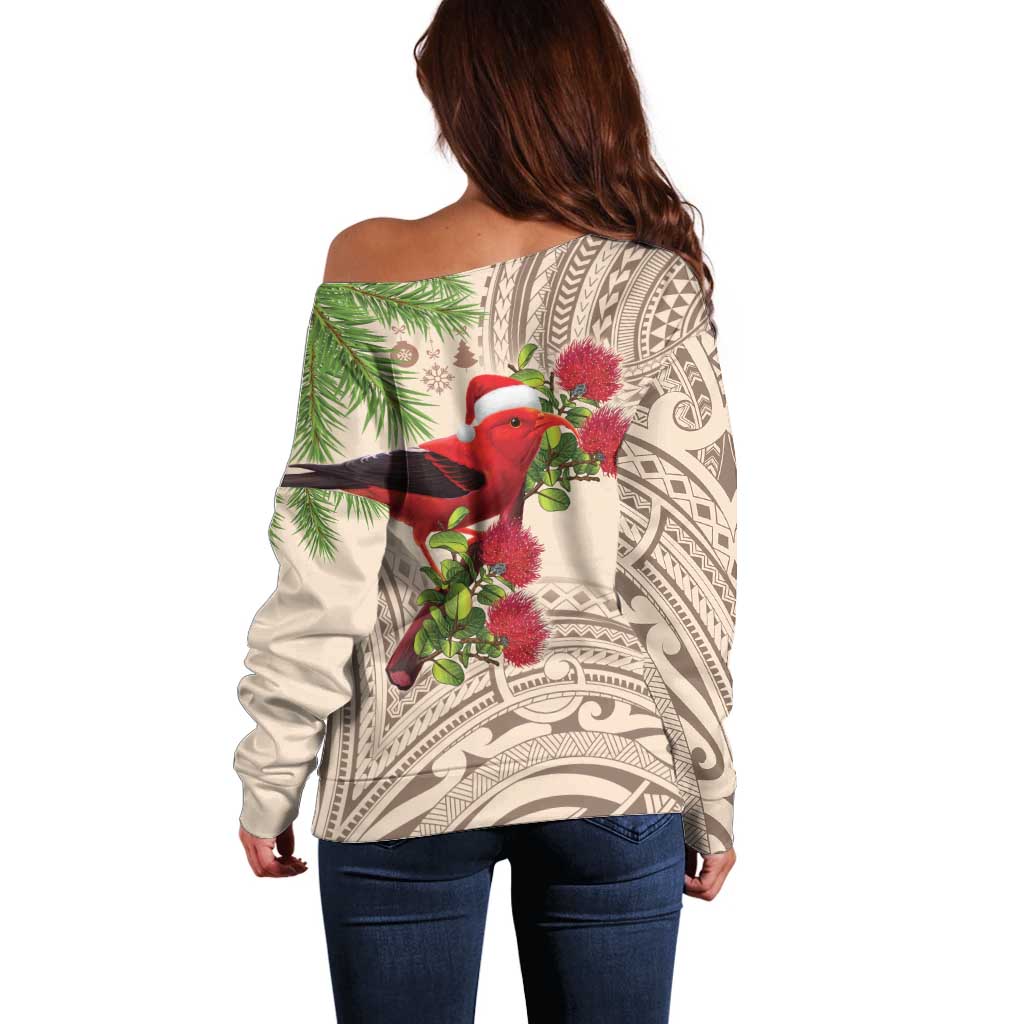 Christmas Hawaii with I'iwi Bird Off Shoulder Sweater Aloha Mele Kalikimaka - Beige Art