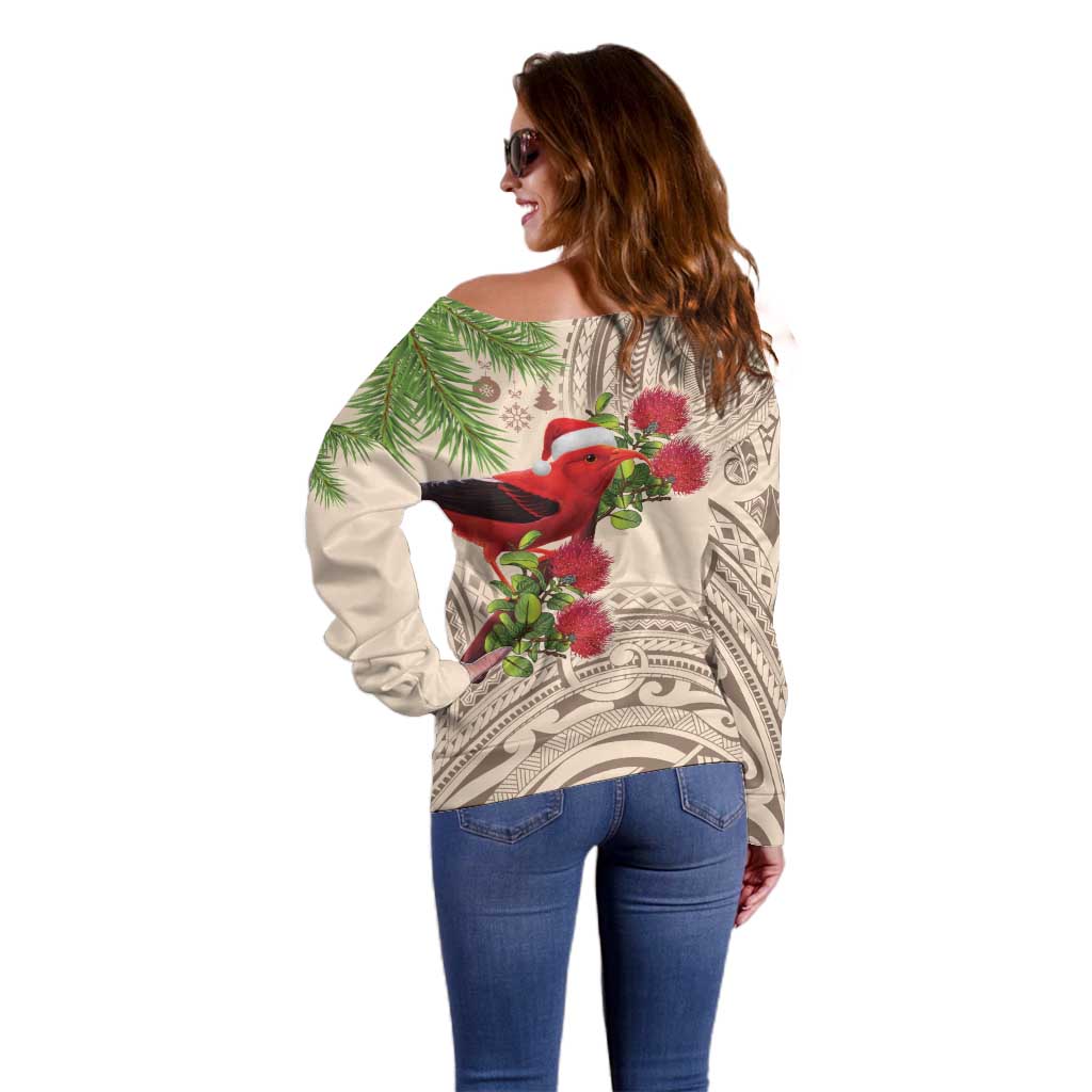 Christmas Hawaii with I'iwi Bird Off Shoulder Sweater Aloha Mele Kalikimaka - Beige Art