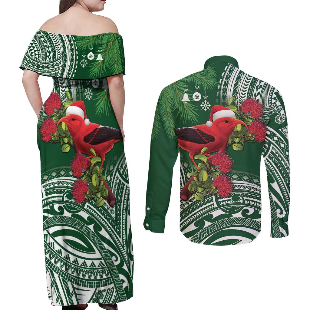 Christmas Hawaii with I'iwi Bird Couples Matching Off Shoulder Maxi Dress and Long Sleeve Button Shirt Aloha Mele Kalikimaka - Green Art