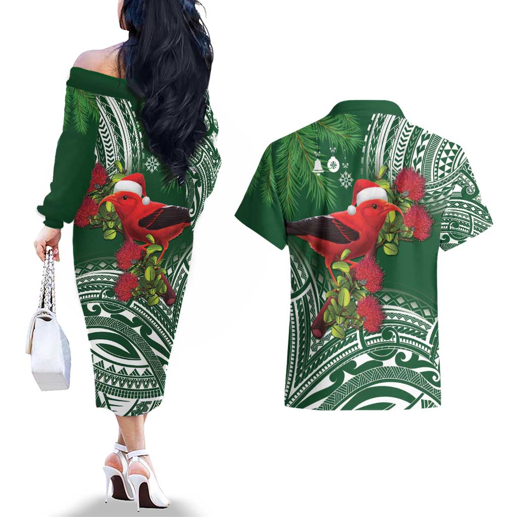 Christmas Hawaii with I'iwi Bird Couples Matching Off The Shoulder Long Sleeve Dress and Hawaiian Shirt Aloha Mele Kalikimaka - Green Art