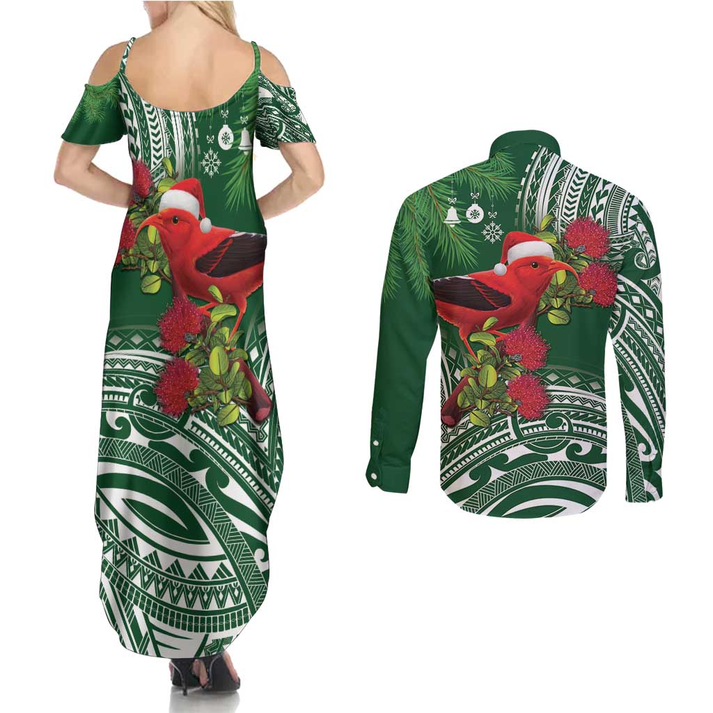 Christmas Hawaii with I'iwi Bird Couples Matching Summer Maxi Dress and Long Sleeve Button Shirt Aloha Mele Kalikimaka - Green Art