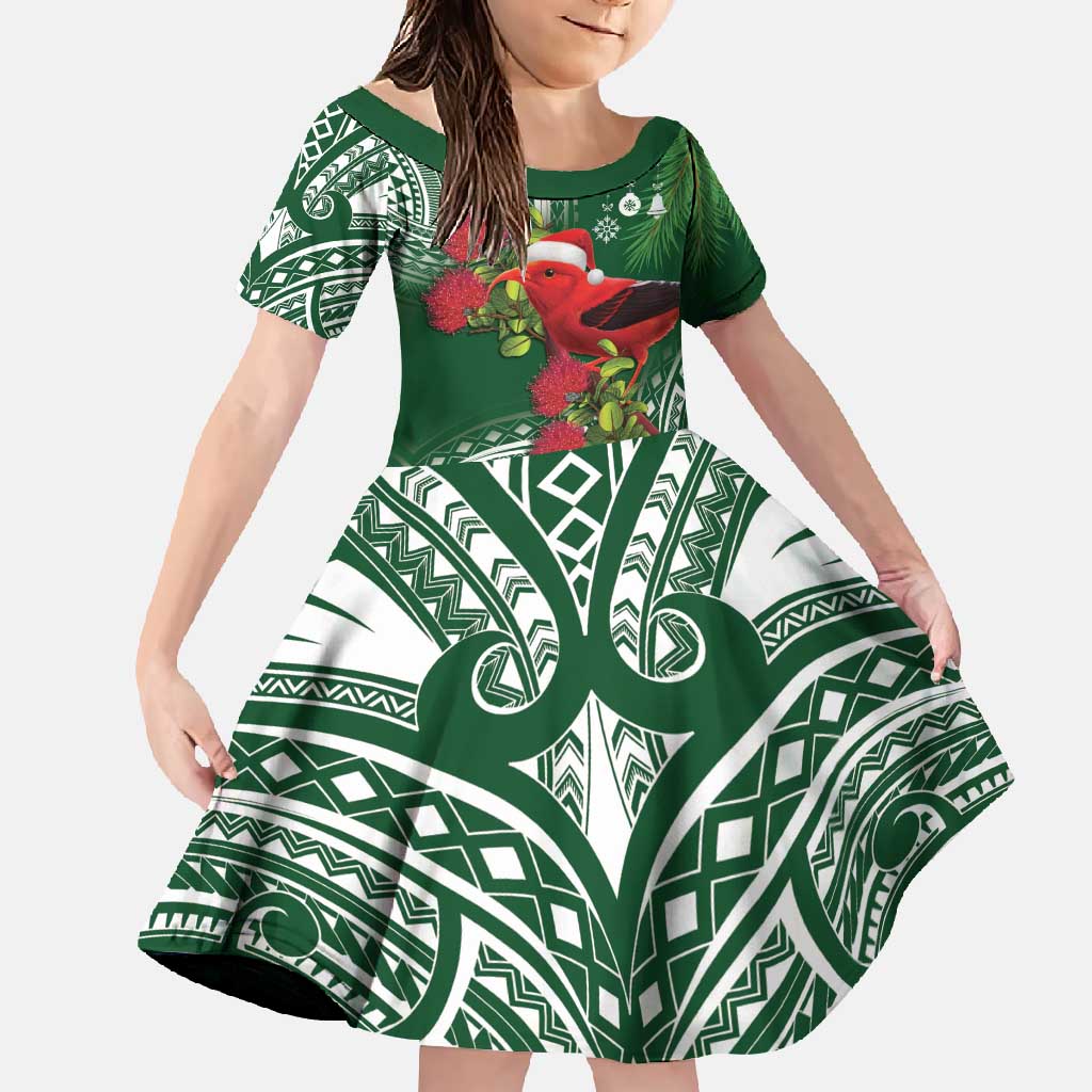 Christmas Hawaii with I'iwi Bird Family Matching Long Sleeve Bodycon Dress and Hawaiian Shirt Aloha Mele Kalikimaka - Green Art