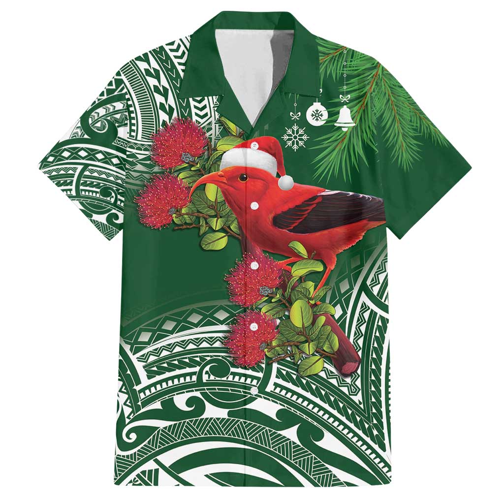 Christmas Hawaii with I'iwi Bird Family Matching Long Sleeve Bodycon Dress and Hawaiian Shirt Aloha Mele Kalikimaka - Green Art