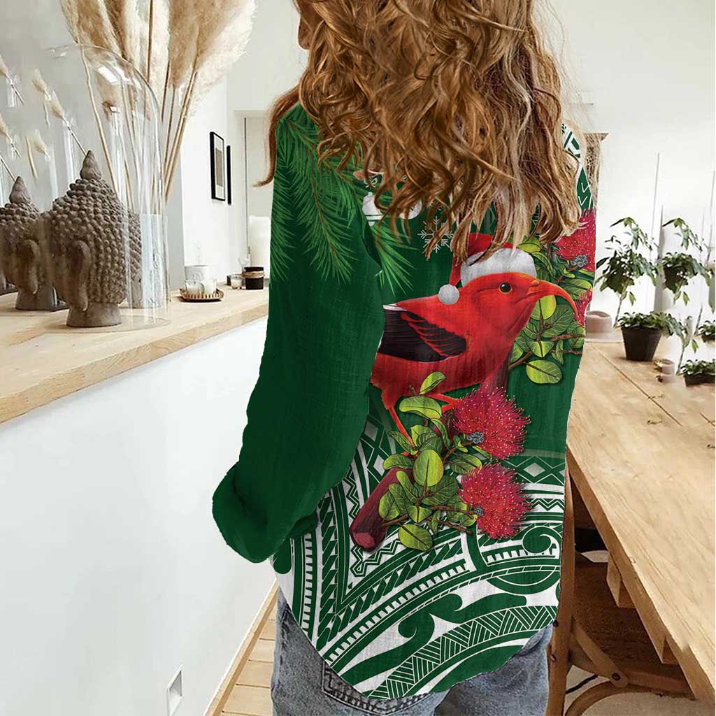 Christmas Hawaii with I'iwi Bird Women Casual Shirt Aloha Mele Kalikimaka - Green Art