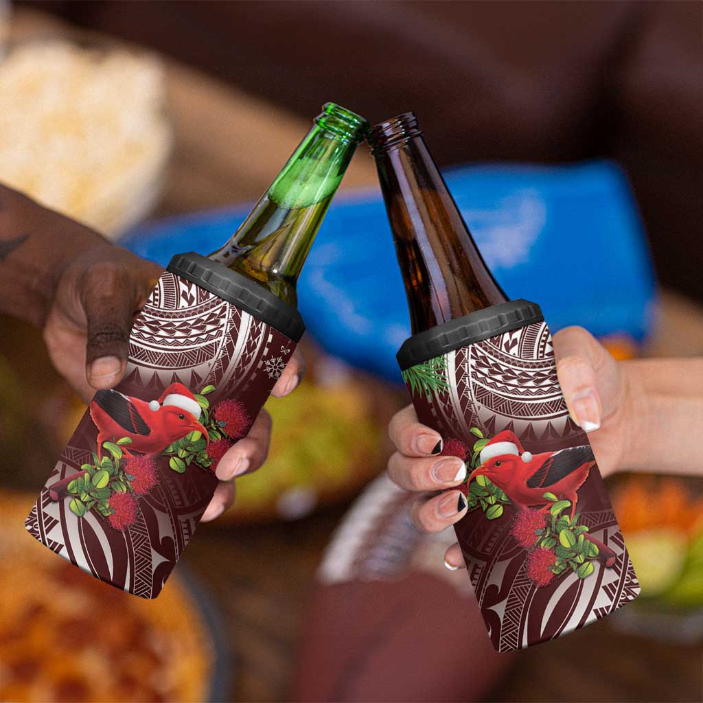 Christmas Hawaii with I'iwi Bird 4 in 1 Can Cooler Tumbler Aloha Mele Kalikimaka - Oxblood Art