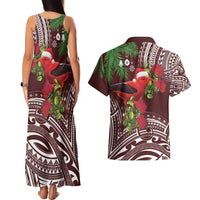 Christmas Hawaii with I'iwi Bird Couples Matching Tank Maxi Dress and Hawaiian Shirt Aloha Mele Kalikimaka - Oxblood Art
