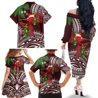 Christmas Hawaii with I'iwi Bird Family Matching Off The Shoulder Long Sleeve Dress and Hawaiian Shirt Aloha Mele Kalikimaka - Oxblood Art