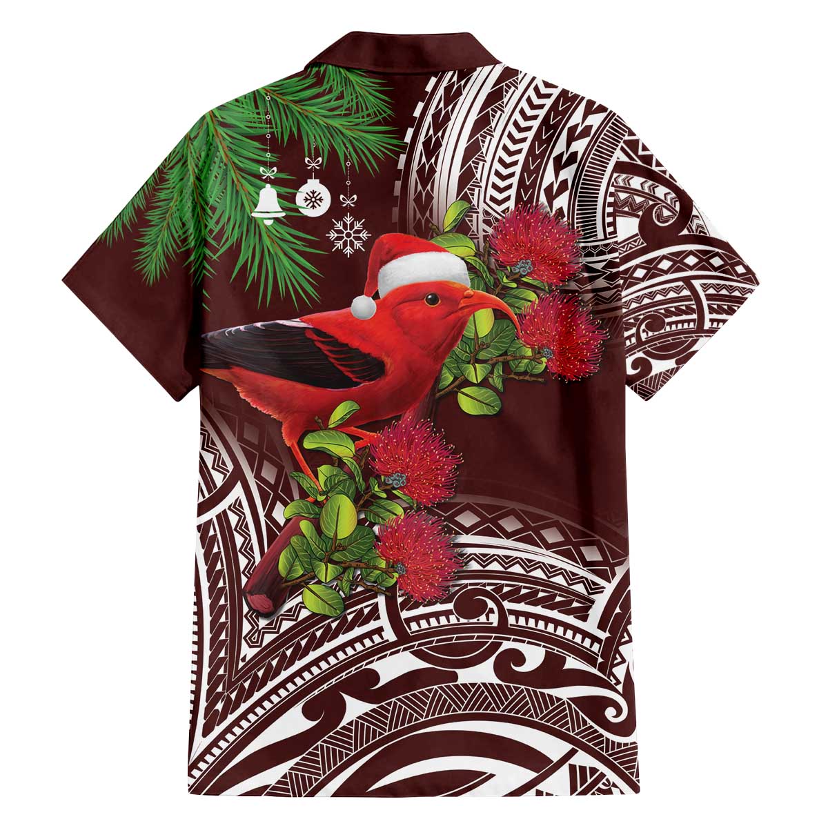 Christmas Hawaii with I'iwi Bird Family Matching Off The Shoulder Long Sleeve Dress and Hawaiian Shirt Aloha Mele Kalikimaka - Oxblood Art