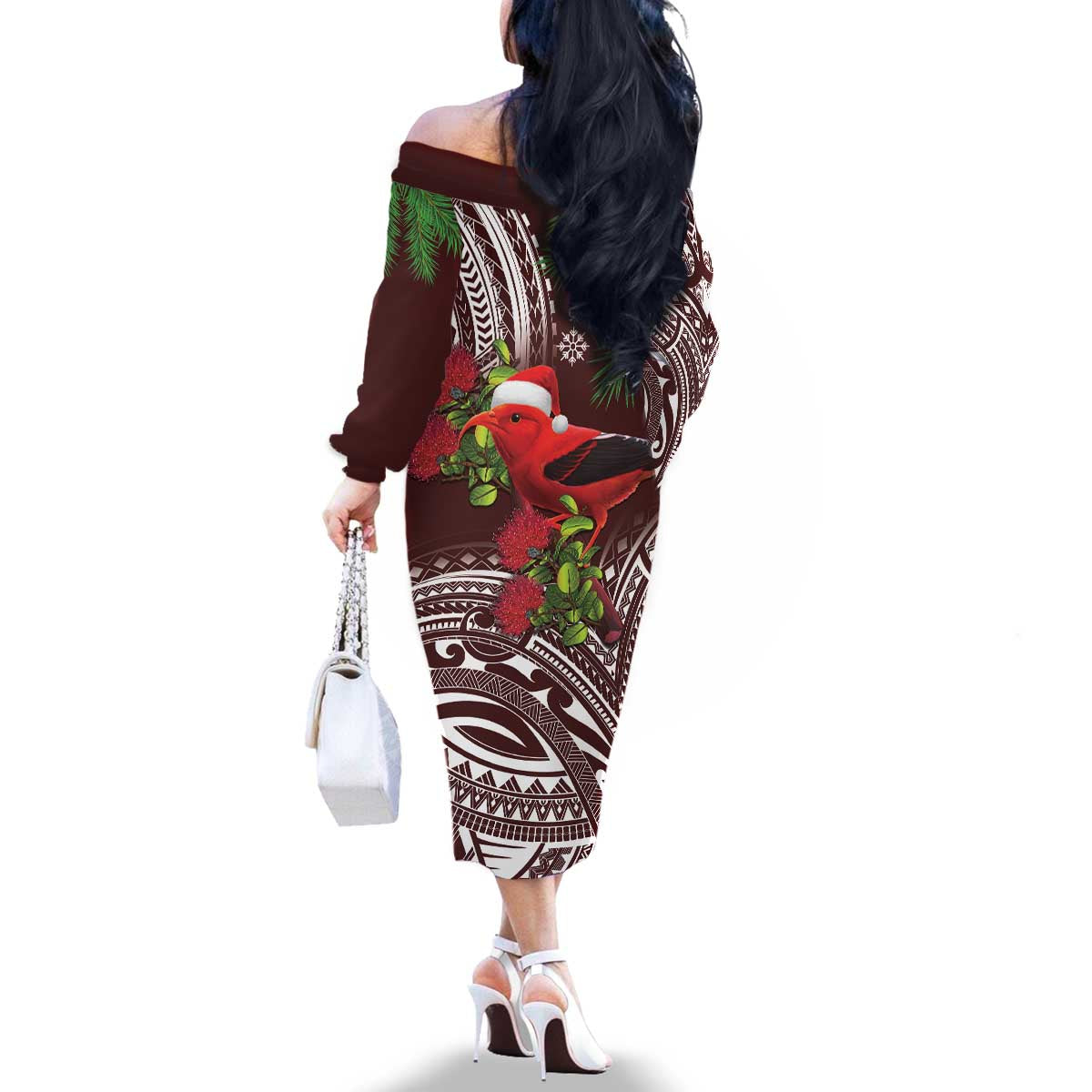 Christmas Hawaii with I'iwi Bird Family Matching Off The Shoulder Long Sleeve Dress and Hawaiian Shirt Aloha Mele Kalikimaka - Oxblood Art