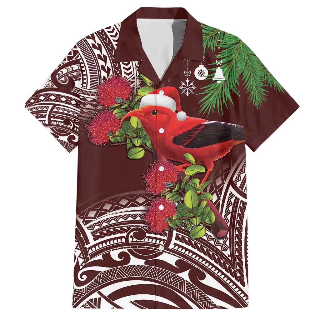 Christmas Hawaii with I'iwi Bird Family Matching Short Sleeve Bodycon Dress and Hawaiian Shirt Aloha Mele Kalikimaka - Oxblood Art