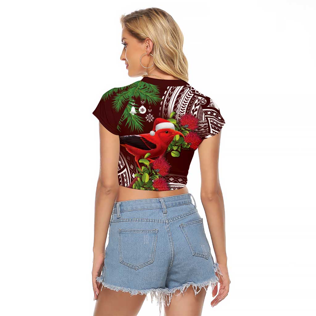 Christmas Hawaii with I'iwi Bird Raglan Cropped T Shirt Aloha Mele Kalikimaka - Oxblood Art