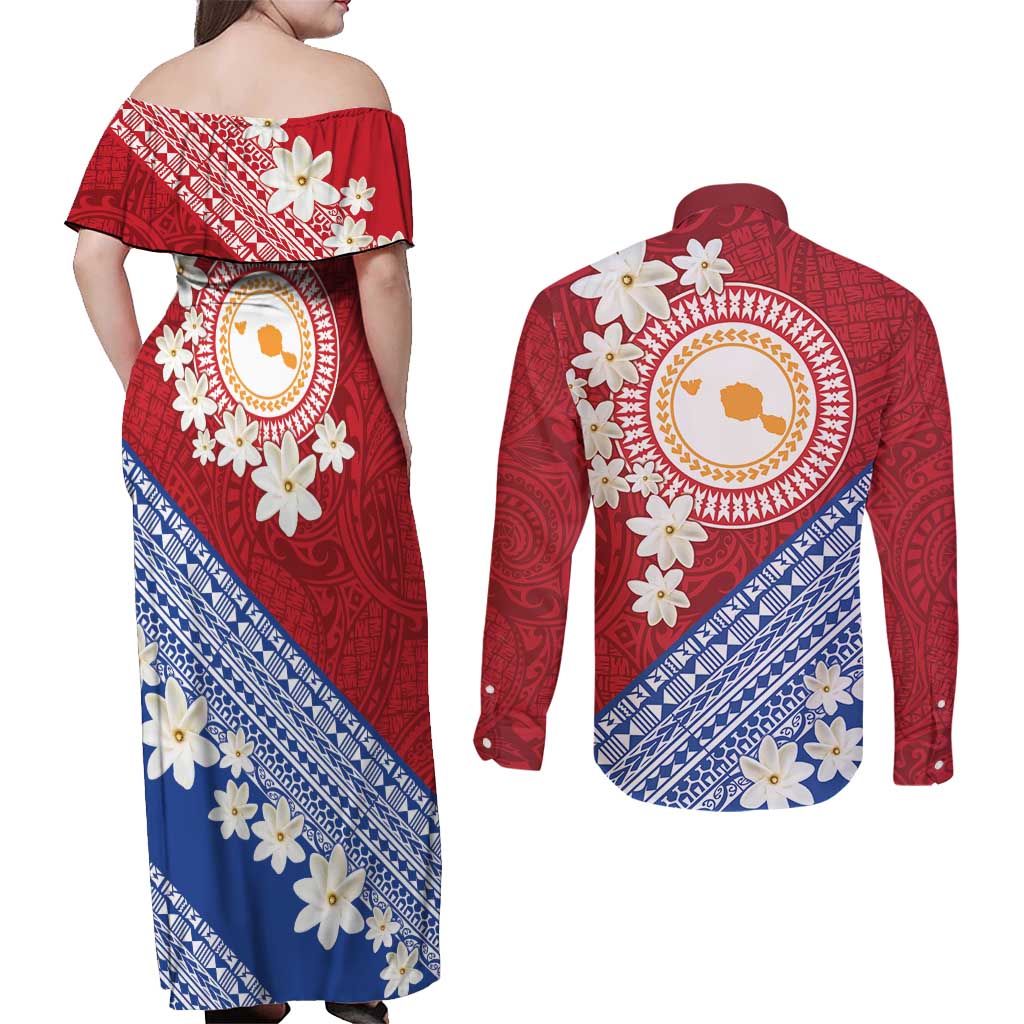 French Polynesia Couples Matching Off Shoulder Maxi Dress and Long Sleeve Button Shirt Tahitian Tiare Flowers Tribal