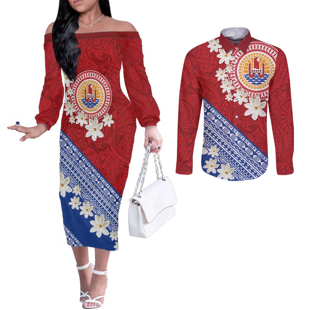 French Polynesia Couples Matching Off The Shoulder Long Sleeve Dress and Long Sleeve Button Shirt Tahitian Tiare Flowers Tribal