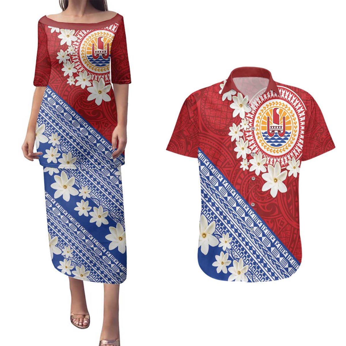 French Polynesia Couples Matching Puletasi and Hawaiian Shirt Tahitian Tiare Flowers Tribal LT9 Red - Polynesian Pride