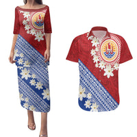 French Polynesia Couples Matching Puletasi and Hawaiian Shirt Tahitian Tiare Flowers Tribal LT9 Red - Polynesian Pride