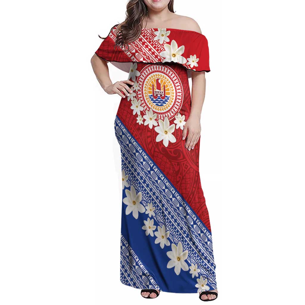 French Polynesia Family Matching Off Shoulder Maxi Dress and Hawaiian Shirt Tahitian Tiare Flowers Tribal