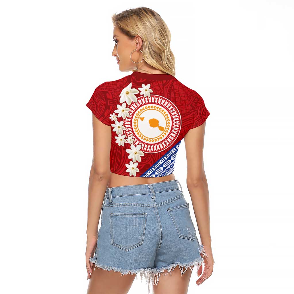 French Polynesia Raglan Cropped T Shirt Tahitian Tiare Flowers Tribal