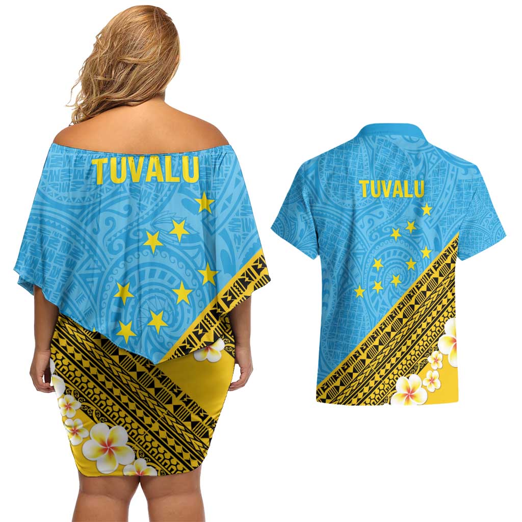 Tuvalu Plumeria Flowers Couples Matching Off Shoulder Short Dress and Hawaiian Shirt Polynesian Tribal Pattern