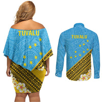 Tuvalu Plumeria Flowers Couples Matching Off Shoulder Short Dress and Long Sleeve Button Shirt Polynesian Tribal Pattern