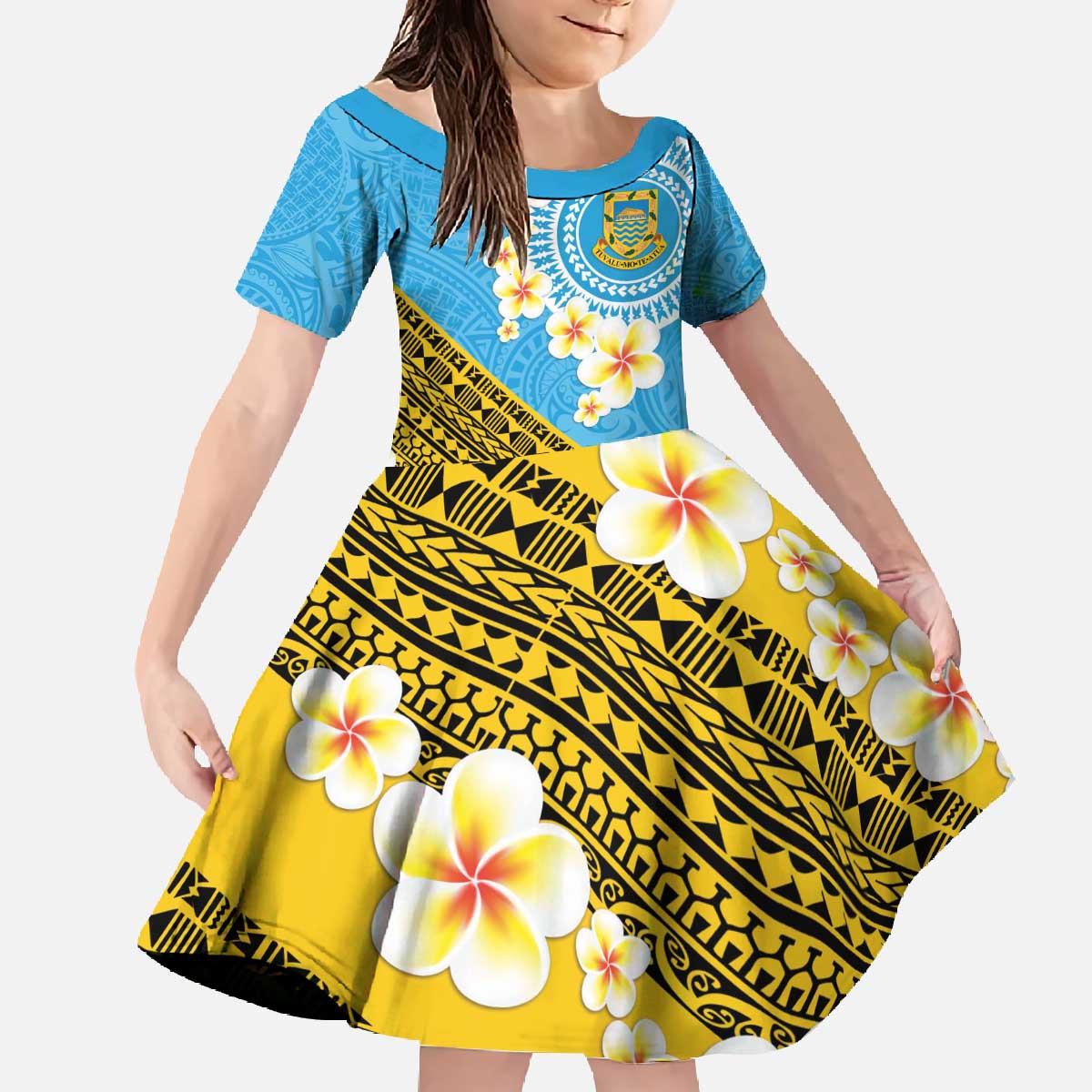 Tuvalu Plumeria Flowers Family Matching Off The Shoulder Long Sleeve Dress and Hawaiian Shirt Polynesian Tribal Pattern