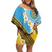 Tuvalu Plumeria Flowers Off Shoulder Short Dress Polynesian Tribal Pattern