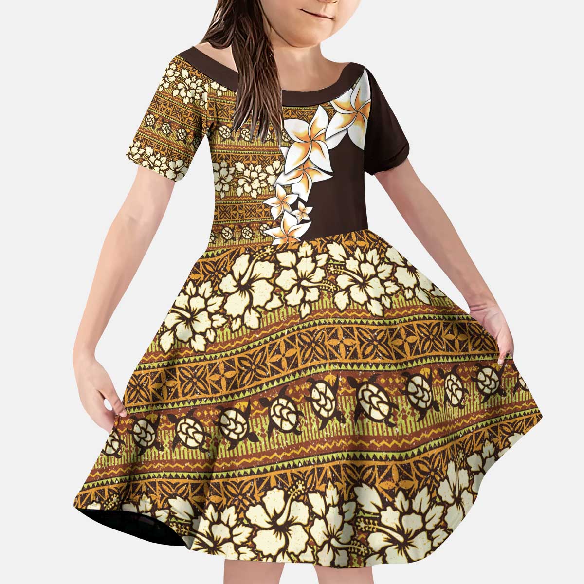 Vintage Hibiscus Turtle Pattern Kid Short Sleeve Dress with Plumeria Half Style