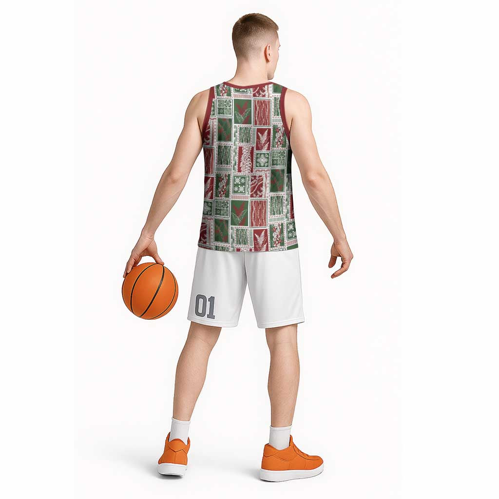 Mele Kalikimaka Hawaiian Quilt and Lei Patchwork Basketball Jersey - Polynesian Pride