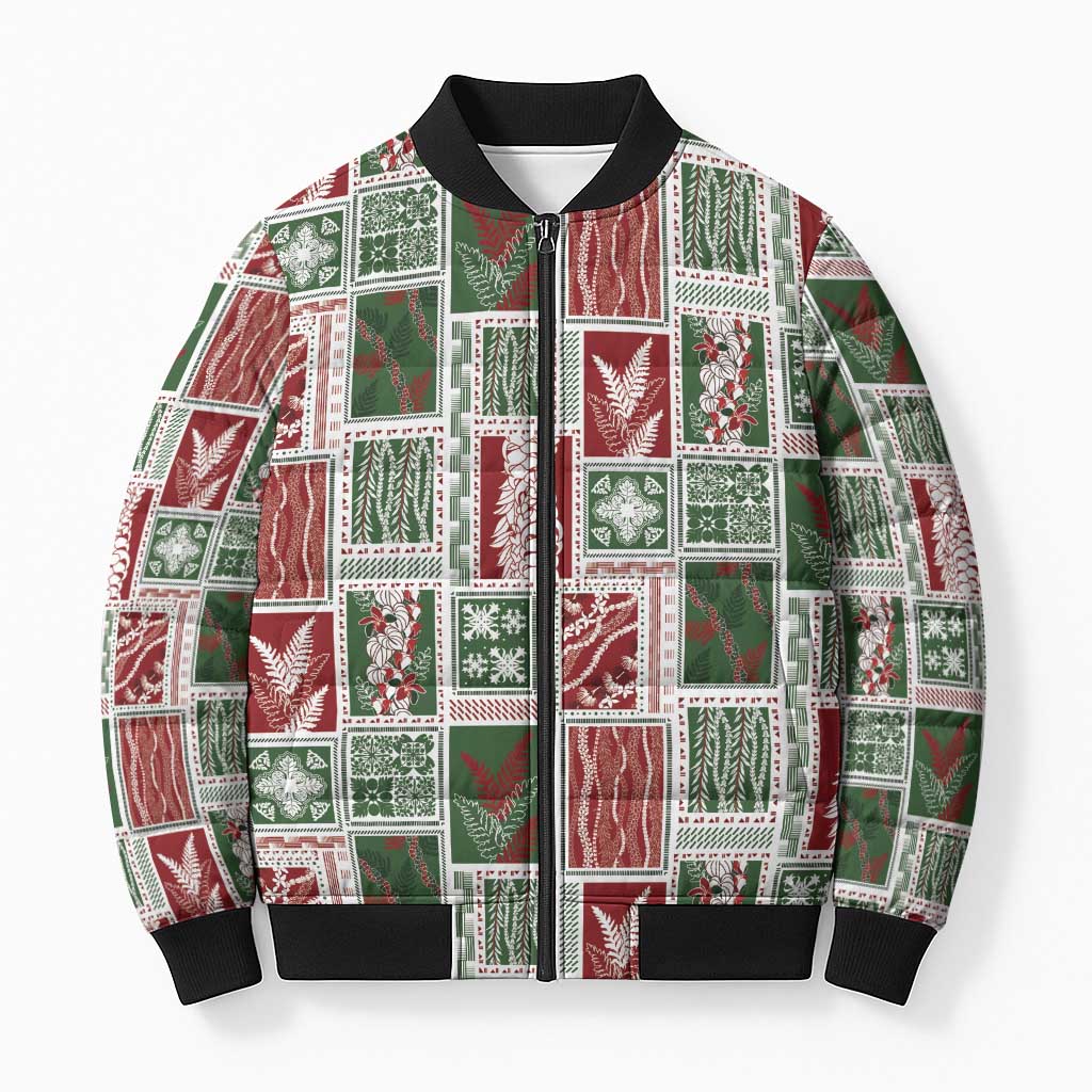 Mele Kalikimaka Hawaiian Quilt and Lei Patchwork Bomber Puffer Jacket - Polynesian Pride