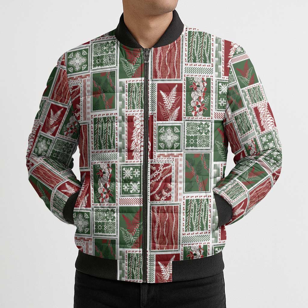 Mele Kalikimaka Hawaiian Quilt and Lei Patchwork Bomber Puffer Jacket - Polynesian Pride