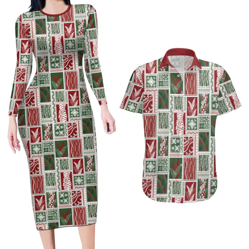 Mele Kalikimaka Hawaiian Quilt and Lei Patchwork Couples Matching Long Sleeve Bodycon Dress and Hawaiian Shirt LT9 Red - Polynesian Pride