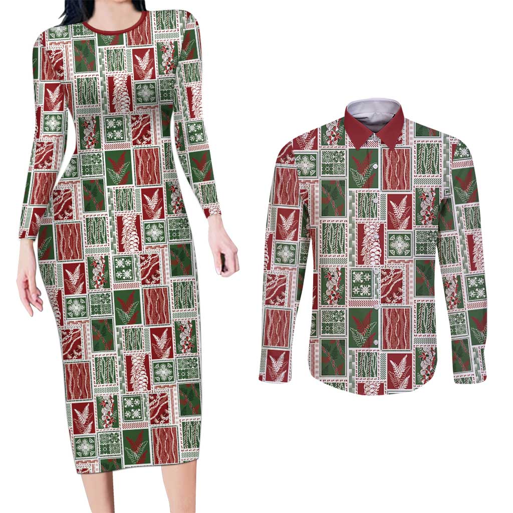 Mele Kalikimaka Hawaiian Quilt and Lei Patchwork Couples Matching Long Sleeve Bodycon Dress and Long Sleeve Button Shirt - Polynesian Pride