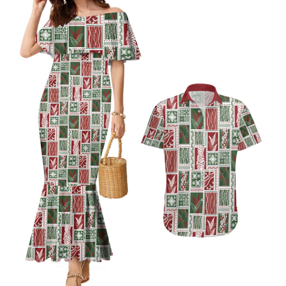 Mele Kalikimaka Hawaiian Quilt and Lei Patchwork Couples Matching Mermaid Dress and Hawaiian Shirt - Polynesian Pride