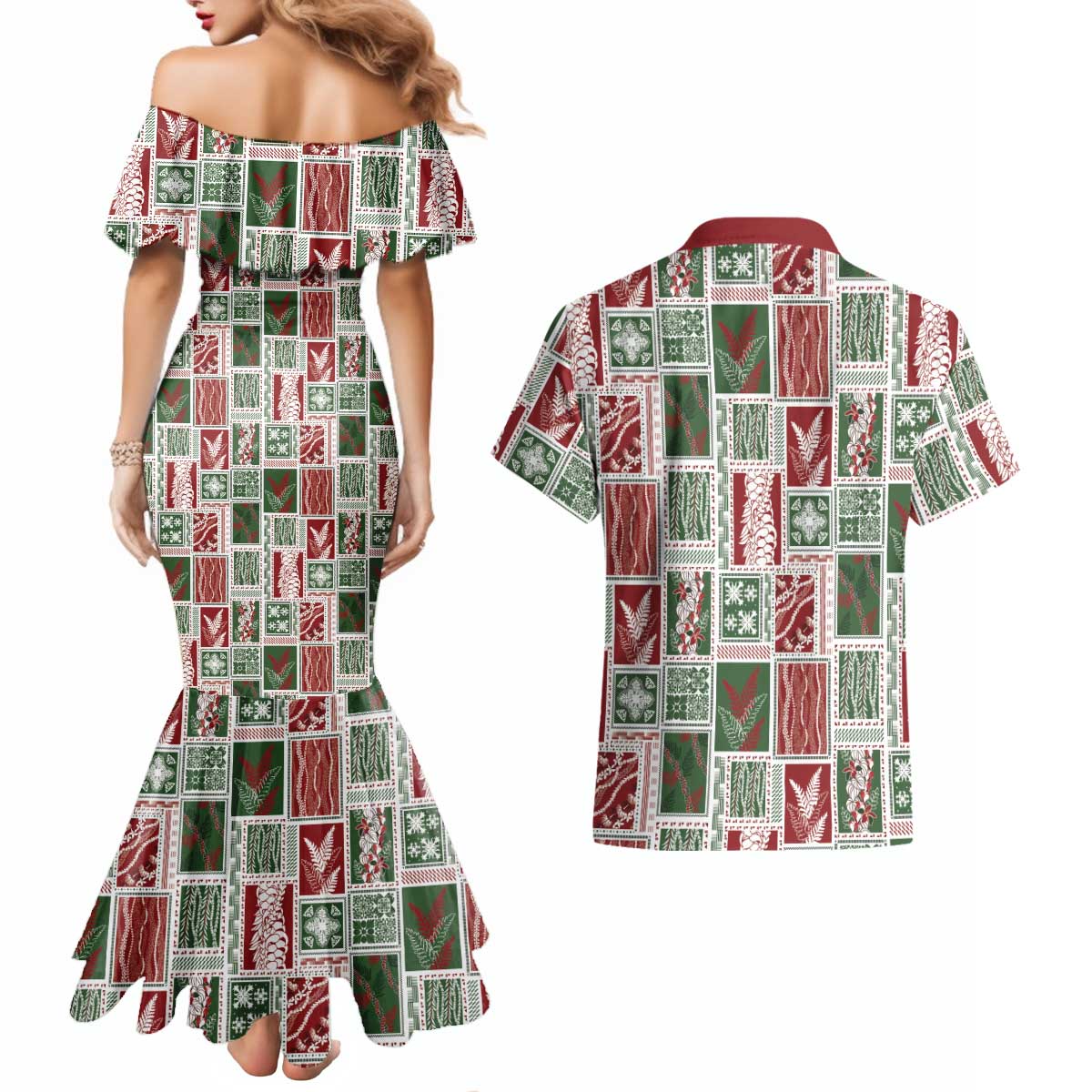 Mele Kalikimaka Hawaiian Quilt and Lei Patchwork Couples Matching Mermaid Dress and Hawaiian Shirt - Polynesian Pride