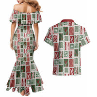 Mele Kalikimaka Hawaiian Quilt and Lei Patchwork Couples Matching Mermaid Dress and Hawaiian Shirt - Polynesian Pride