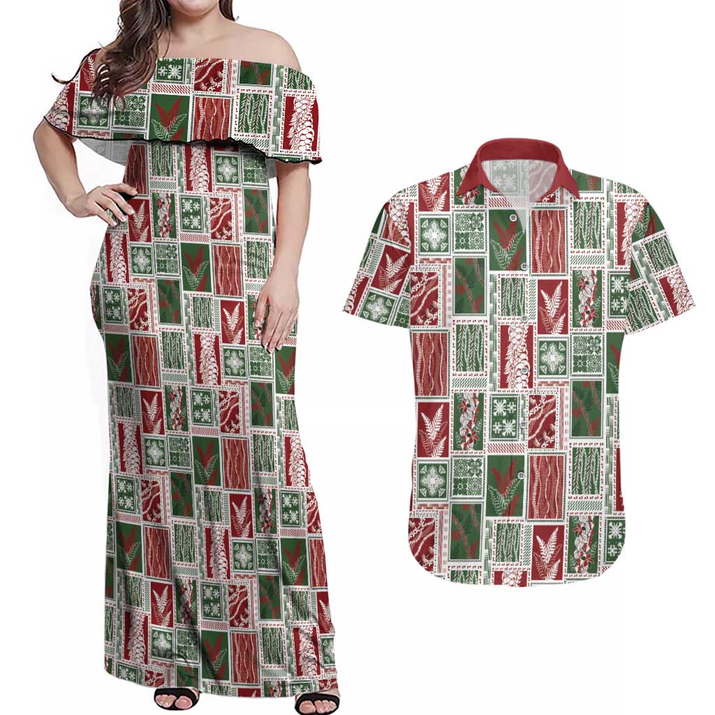 Mele Kalikimaka Hawaiian Quilt and Lei Patchwork Couples Matching Off Shoulder Maxi Dress and Hawaiian Shirt - Polynesian Pride