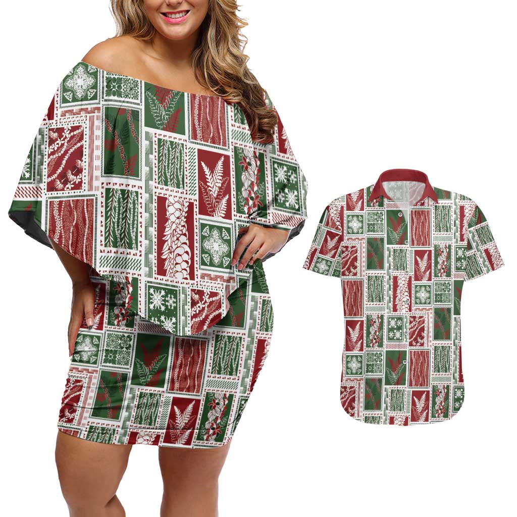 Mele Kalikimaka Hawaiian Quilt and Lei Patchwork Couples Matching Off Shoulder Short Dress and Hawaiian Shirt LT9 Red - Polynesian Pride